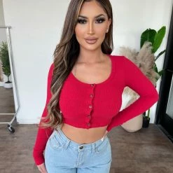 Junie Tops Brittany Long Sleeve Button Top(Red)