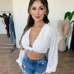 Sky To Moon Ivy Long Sleeve Knot Crop Top(Ivory) Tops