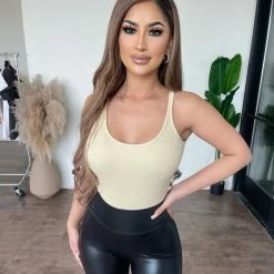 Hey Babe Nyla Tank Ribbed Bodysuit(Beige)