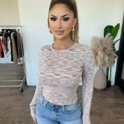 Beige Botany Perry Long Sleeve Knit Top(Mocha Combo)