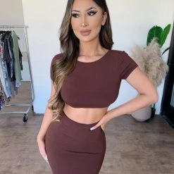 La Luxe Anna Short Sleeve Set(Brown) Tops