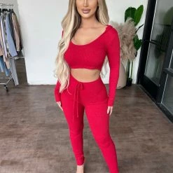 Junie Tops Brielle Long Sleeve Hoodie Set(Red)