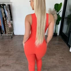 Junie Evelyn Sleeveless Zipper Jumpsuit(Orange) Dresses/Rompers