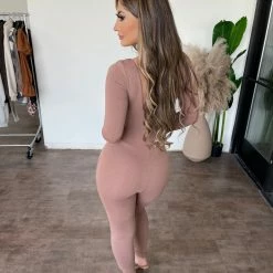 La Luxe Sophia Long Sleeve Jumpsuit(Mocha/Nude) Dresses/Rompers