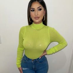 Tic Toc Tops Vivian Long Sleeve Bodysuit(Neon Green)FINAL SALE