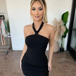 Olivaceousia Tayla Halter Dress(Black) Dresses/Rompers