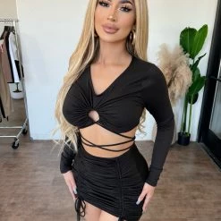 Spring Haze Tops Maxine Long Sleeve Skirt Set(Black)