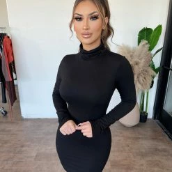 Tresser Dresses/Rompers Jewel Turtle Neck Long Sleeve Dress(Black)