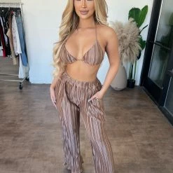 Hey Babe Serena Satin Pants Set(Mocha)