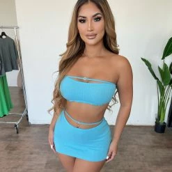 New Pink Carly 2 Piece Set(Aqua Blue) Tops
