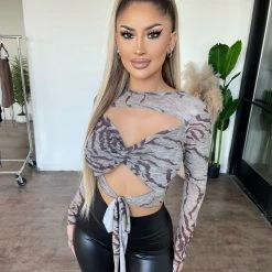 Shelly Tops Alondra Mesh Long Sleeve Top(Grey)