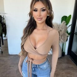 Diosa Marie Collar Long Sleeve Wrap Top(Taupe) Tops