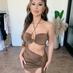 La Luxe Tops Rayna Matching Set(Brown)