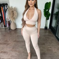 La Luxe Tops Dina Halter Matching Set(Peach)