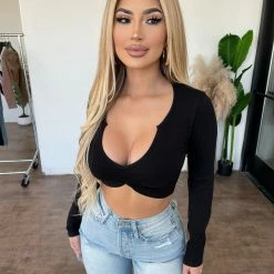 ANWND Tops Polly Long Sleeve Deep Slit Neck Top(Black)