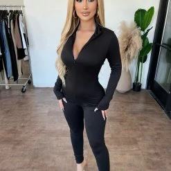 Tresser Dresses/Rompers Lisa Long Sleeve Zipper Jumpsuit(Black)