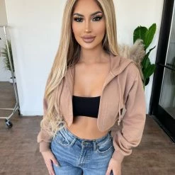 Blue Blush Shirley Cropped Hoodie(Light Brown)