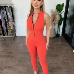 Junie Evelyn Sleeveless Zipper Jumpsuit(Orange) Dresses/Rompers