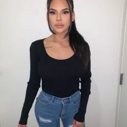 Hey Babe Tops Lacey Long Sleeve Bodysuit(Black)FINAL SALE