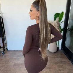 La Luxe Dresses/Rompers Charley Long Sleeve V-Neck Dress(Chocolate)