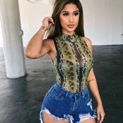 Salty Lydia Snake Print Bodysuit(Green)(final Sale) Tops