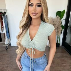 CEFIAN Reese Short Sleeve V-Neck Top(Sage) Tops