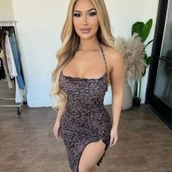 New Pink Dresses/Rompers Amber Halter Leopard Print Lace Dress(Brown Leopard)