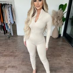 La Luxe Beverly Long Sleeve Zipper Jumpsuit(Cream)final Sale Dresses/Rompers