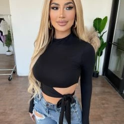 CEFIAN Tops Betsy Long Sleeve Tie Top(Black)