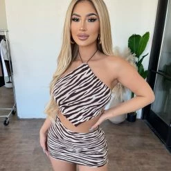 New Pink Tiff Halter Zebra Print Skirt Set(Brown)