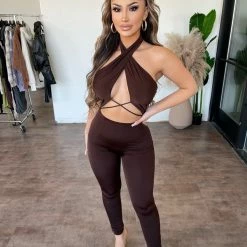 La Luxe Freya Halter Jumpsuit(Dark Brown)