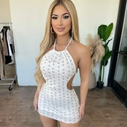 New Pink Hazel Halter Tie Floral Dress(White Floral) Dresses/Rompers