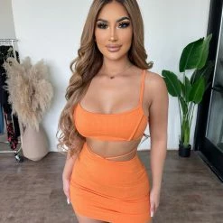 La Luxe Kimberly Cami Cropped Top Skirt Set (Orange) Tops