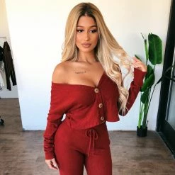 La Luxe Lexx Button Knit Top(Red Brown)