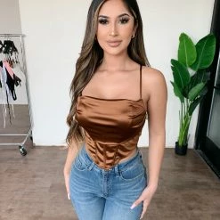Hera Collection Sabrina Cami Satin Top (Brown) Tops