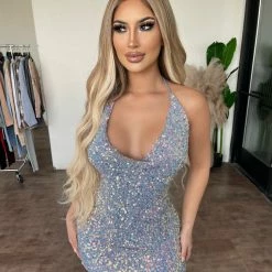 BLANC Jenna Halter Sequence Dress(Blue)