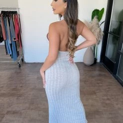 Junie Jules Halter Knit Dress(Light Grey) Dresses/Rompers