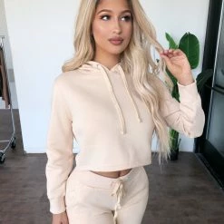 Rosio Tops Lucas Semi Crop Hoodie(Sand)