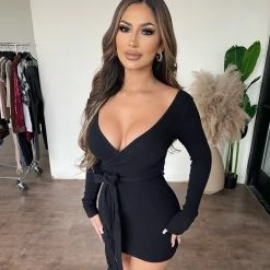 Junie Dresses/Rompers Violet Tie Ribbed Dress(Black)