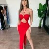 Hera Collection Dresses/Rompers Kennedy Halter Slit Dress(Red)