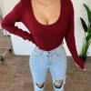 Hey Babe Lacey Long Sleeve Bodysuit(Burgundy)FINAL SALE Tops