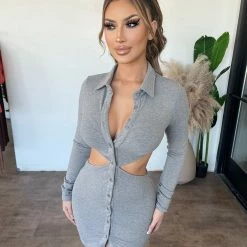 Better Be Viola Collar Button Dress(Grey)