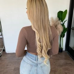 ANWND Tops Polly Long Sleeve Deep Slit Neck Top(Ash)