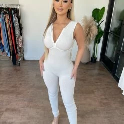 Pretty Knit Dresses/Rompers Elsy Open Back Ribbed Jumpsuit(White)Final Sale