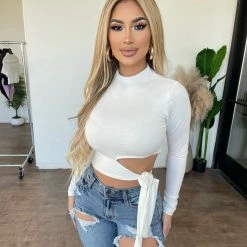 CEFIAN Betsy Long Sleeve Tie Top(White)Final Sale