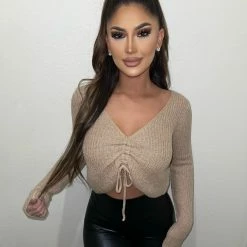 Hey Babe Tops Brenda Knit Sweater Top(Beige)FINAL SALE