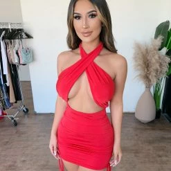 La Luxe Taylor Halter Dress(Red Scarlet)