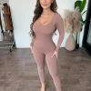 La Luxe Sophia Long Sleeve Jumpsuit(Mocha/Nude) Dresses/Rompers