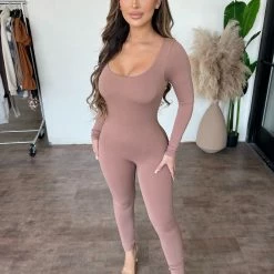 La Luxe Sophia Long Sleeve Jumpsuit(Mocha/Nude) Dresses/Rompers