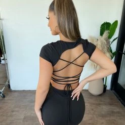 Better Be Dresses/Rompers Lindsey Short Sleeve Open Back Dress(Black)